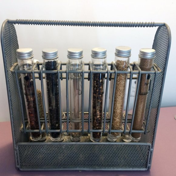 Unusual Cool Kitchen Spice Rack Test Tube Glass cylinder bottles Wire Mesh - Picture 4 of 4